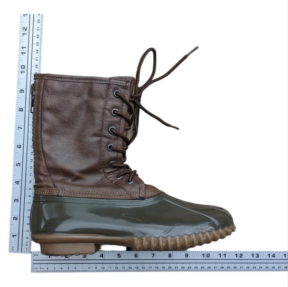 Madden Girl Duck Boot Flurry Woman's Size 8.5 Olive Green Rubber Brown Leather - Picture 3 of 6